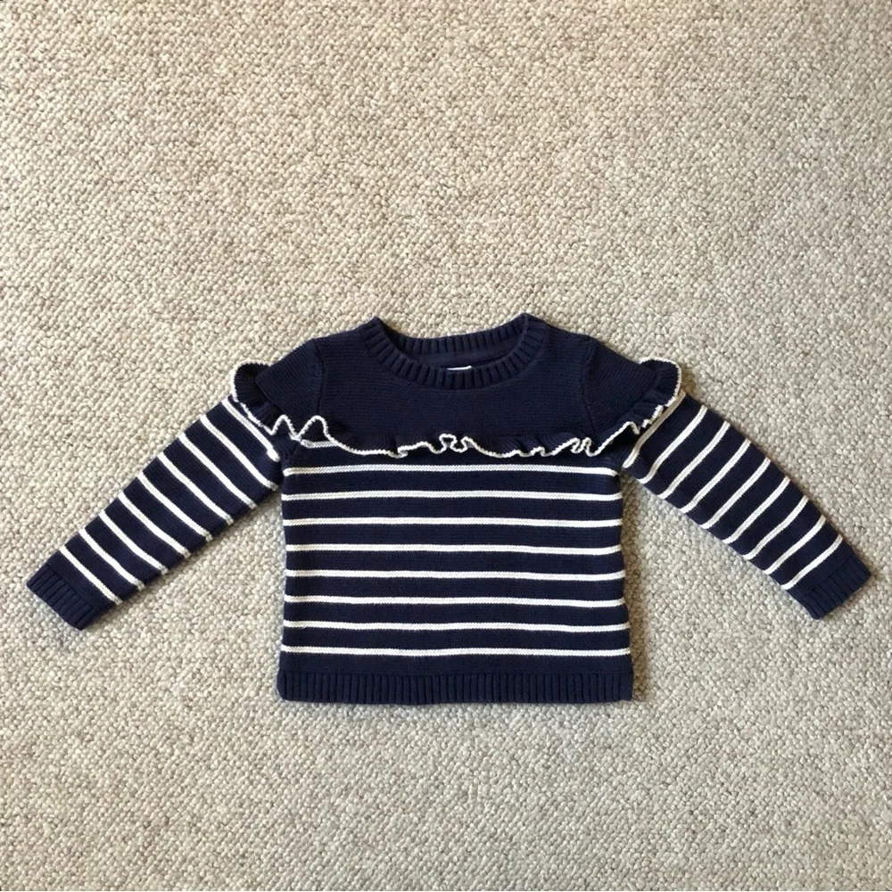 Baby Gap Navy Blue and White Breton Stripe Ruffle Sweater 2T